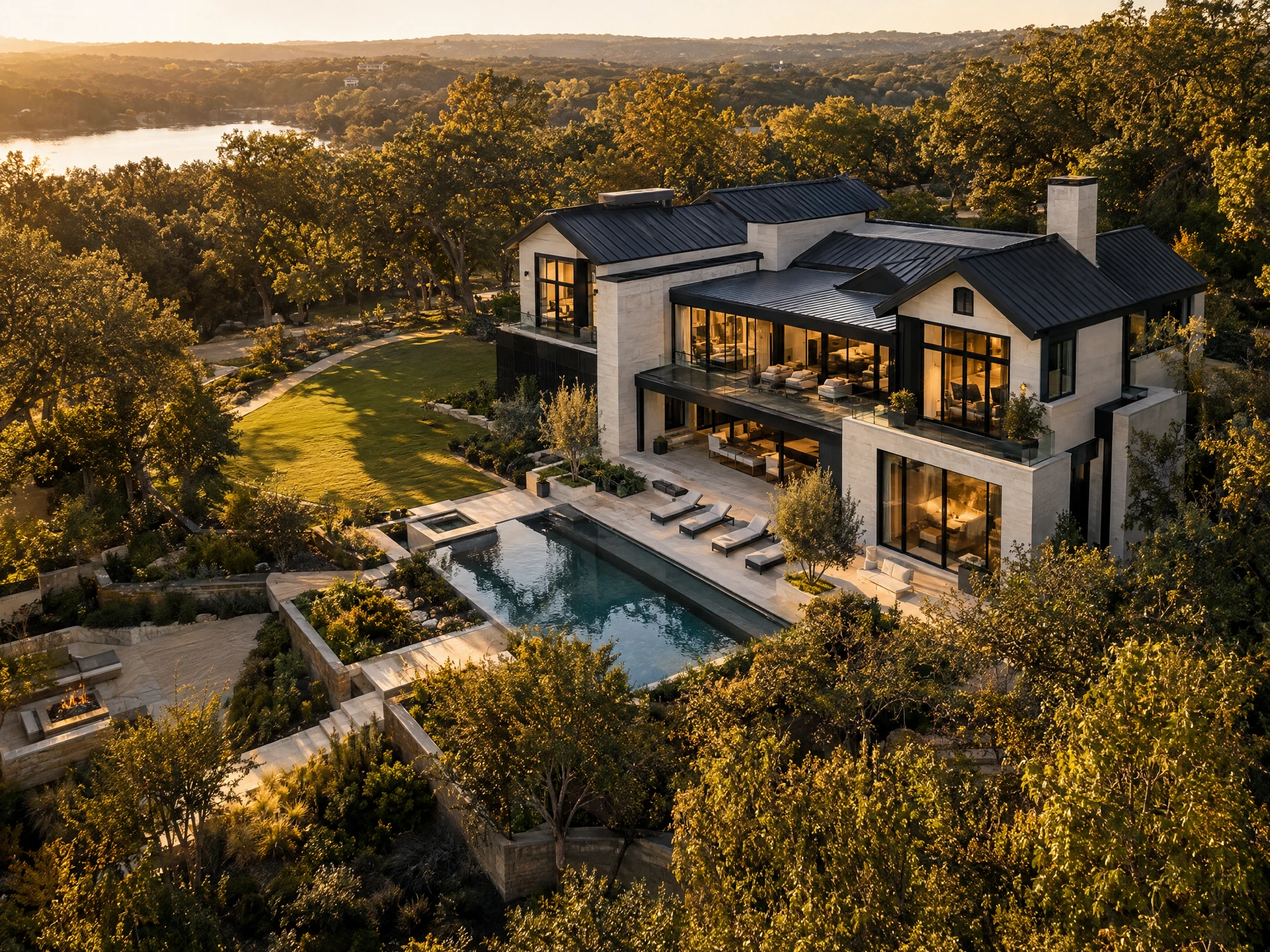 Concept aerial image of a contemporary home and landscaped grounds