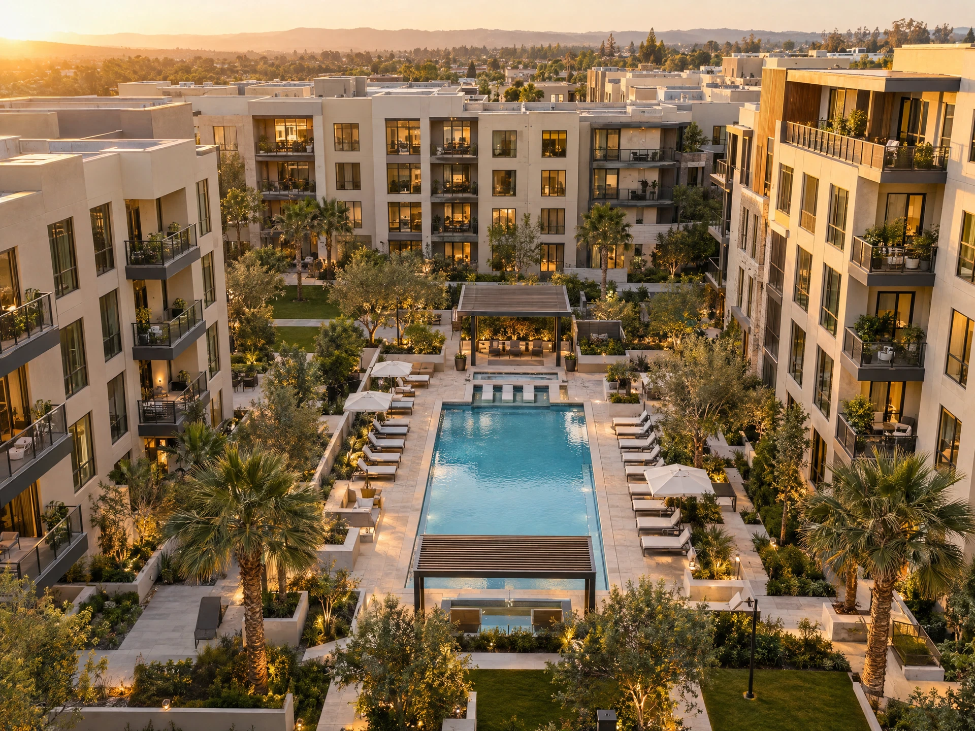Concept aerial image of an apartment community and courtyard pool