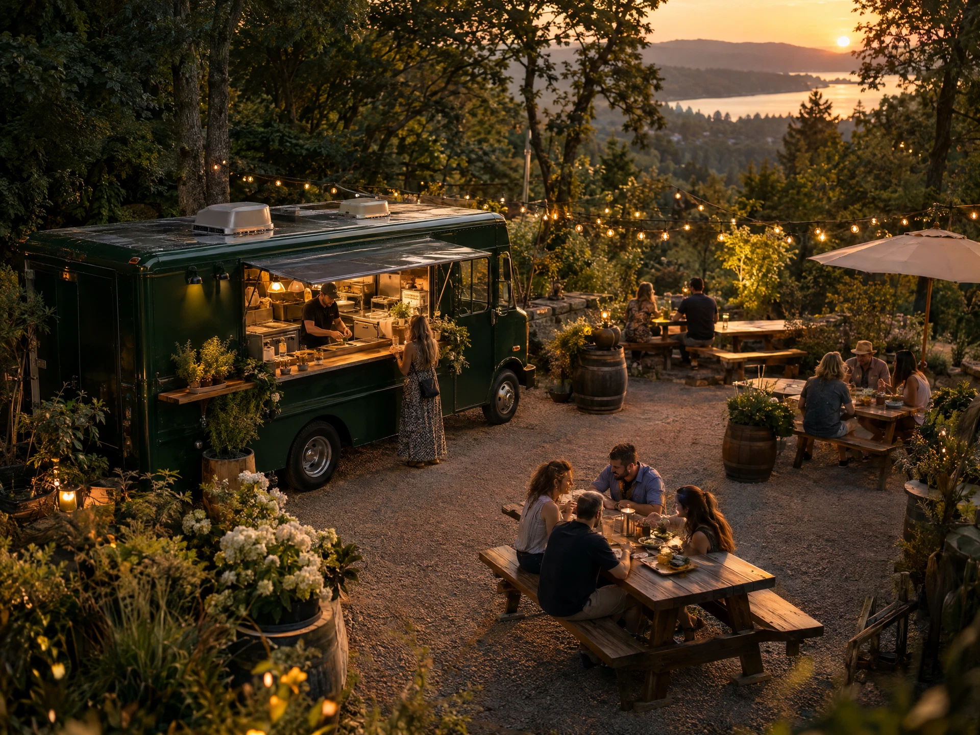 Concept elevated image of a food truck with an outdoor dining area