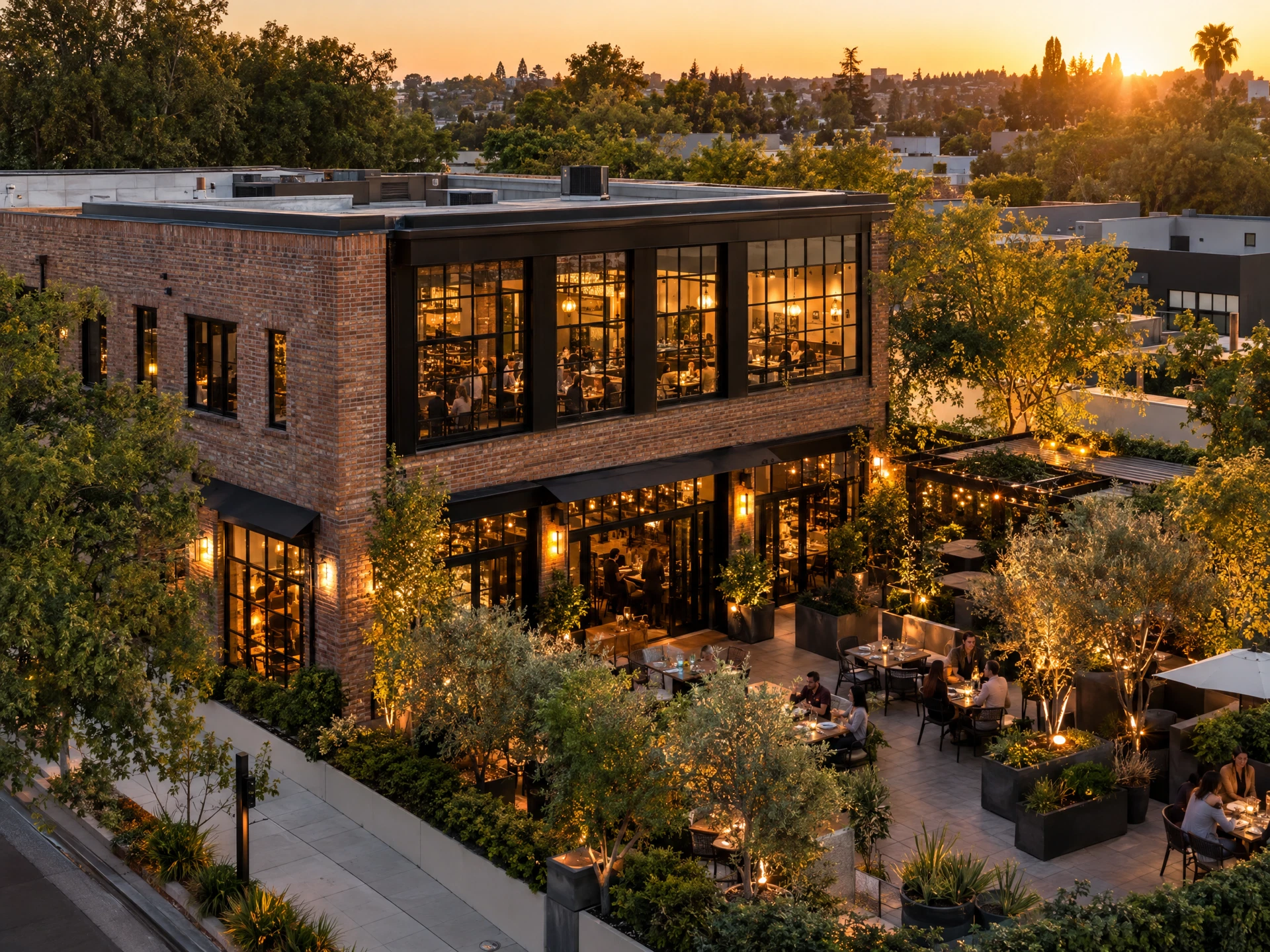 Concept elevated photograph of a warm restaurant exterior and patio